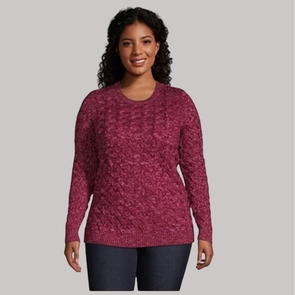 Lands End Drifter Sweater Womens ‎ XL Wine Red Marled Fisherman Cozy Cable Knit